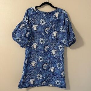 Fitzroy & Willa Cotton Short Sleeve Blue Floral Dress Medium Cottagecore Preppy
